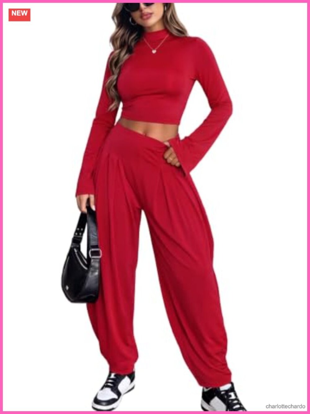 Women 2 Piece Set Mock Neck Bell Sleeve Crop Top & Barrel Pleated Pants